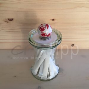 Delikatessenform gross (370 ml) mit Blumen-Knopf weiss-rot